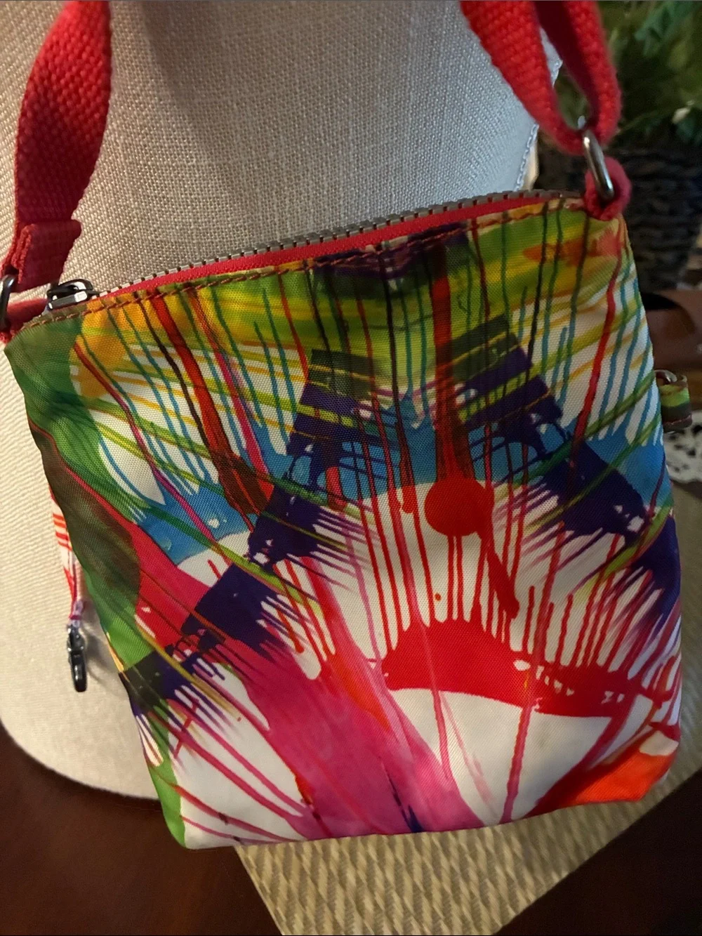 Kipling Bright Multicolor Paint-Stripe Crossbody with Pink Strap